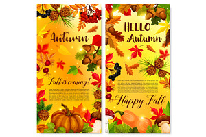 Autumn Vector Poster Of Fall Foliage And Pumpkin