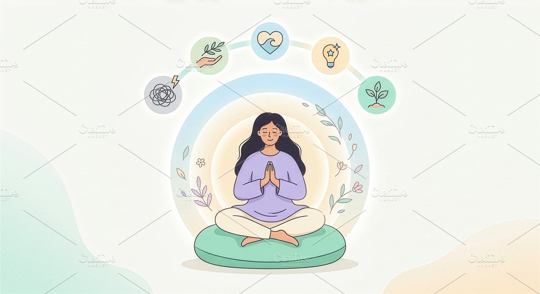 Woman meditating in lotus pose with, a Holiday Photo by Imaginarium