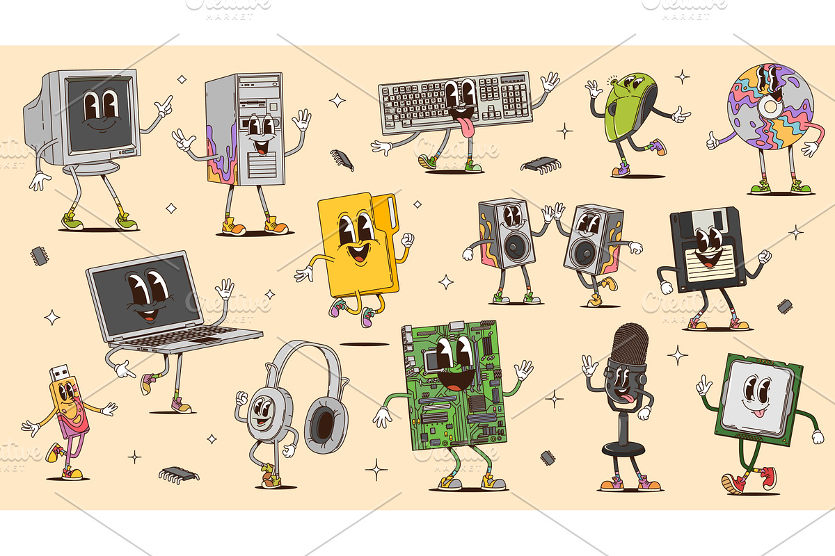 Cartoon groovy computer devices, a Technology Illustration by Vector Tradition