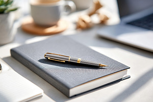 Elegant writing tools on a modern workspace with coffee and technology, a Photo by AlyaAnd