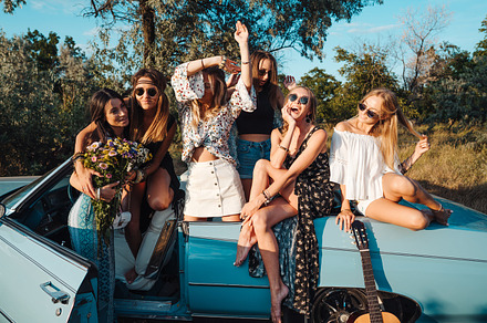 Six girls have fun in the countryside featuring beautiful, beauty, and girl