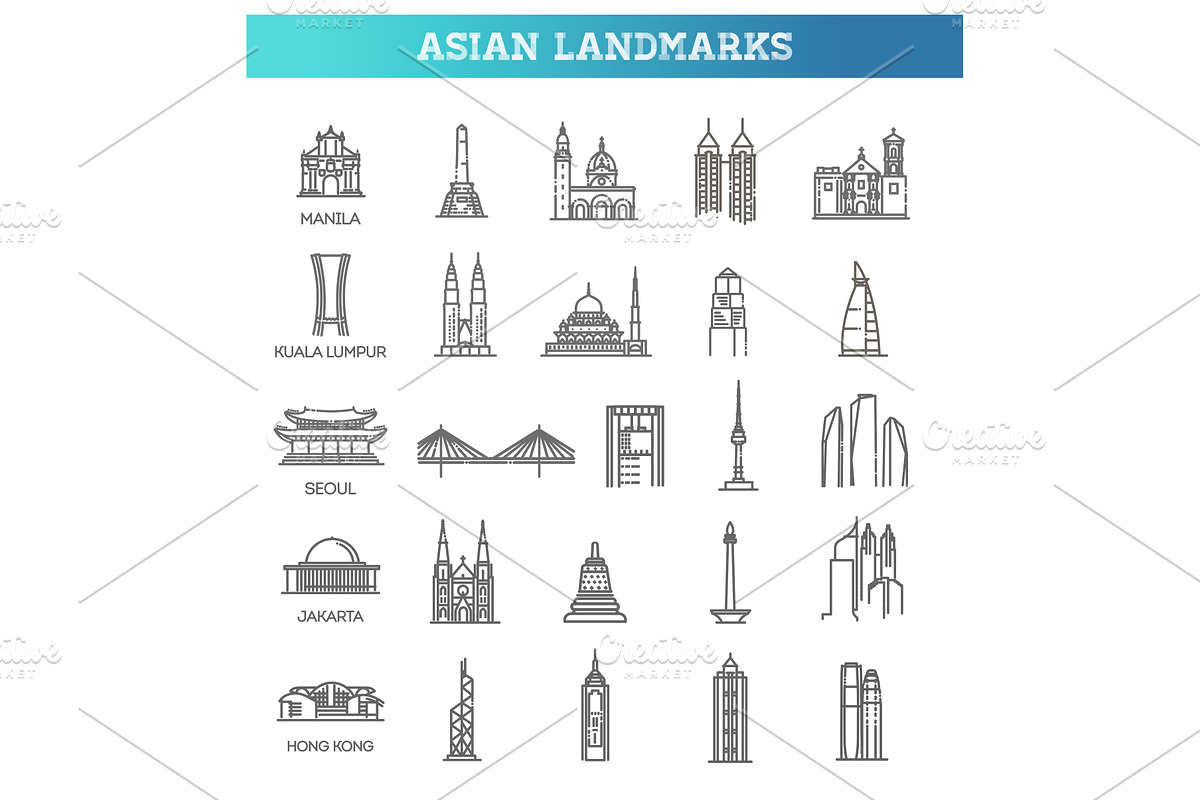 Vector icon set. Asian landmarks, an Illustration by Tettygreen