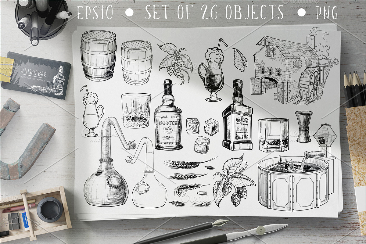 Whiskey Design Elements Set, a Food Illustration by AntonPix Studio (Photo 1 of 3)