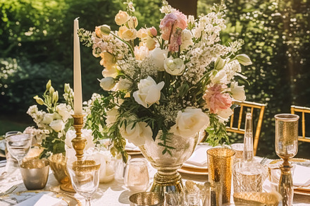 Holiday tablescape, golden formal dinner table setting, table sc, a Holiday Photo by Anneleven