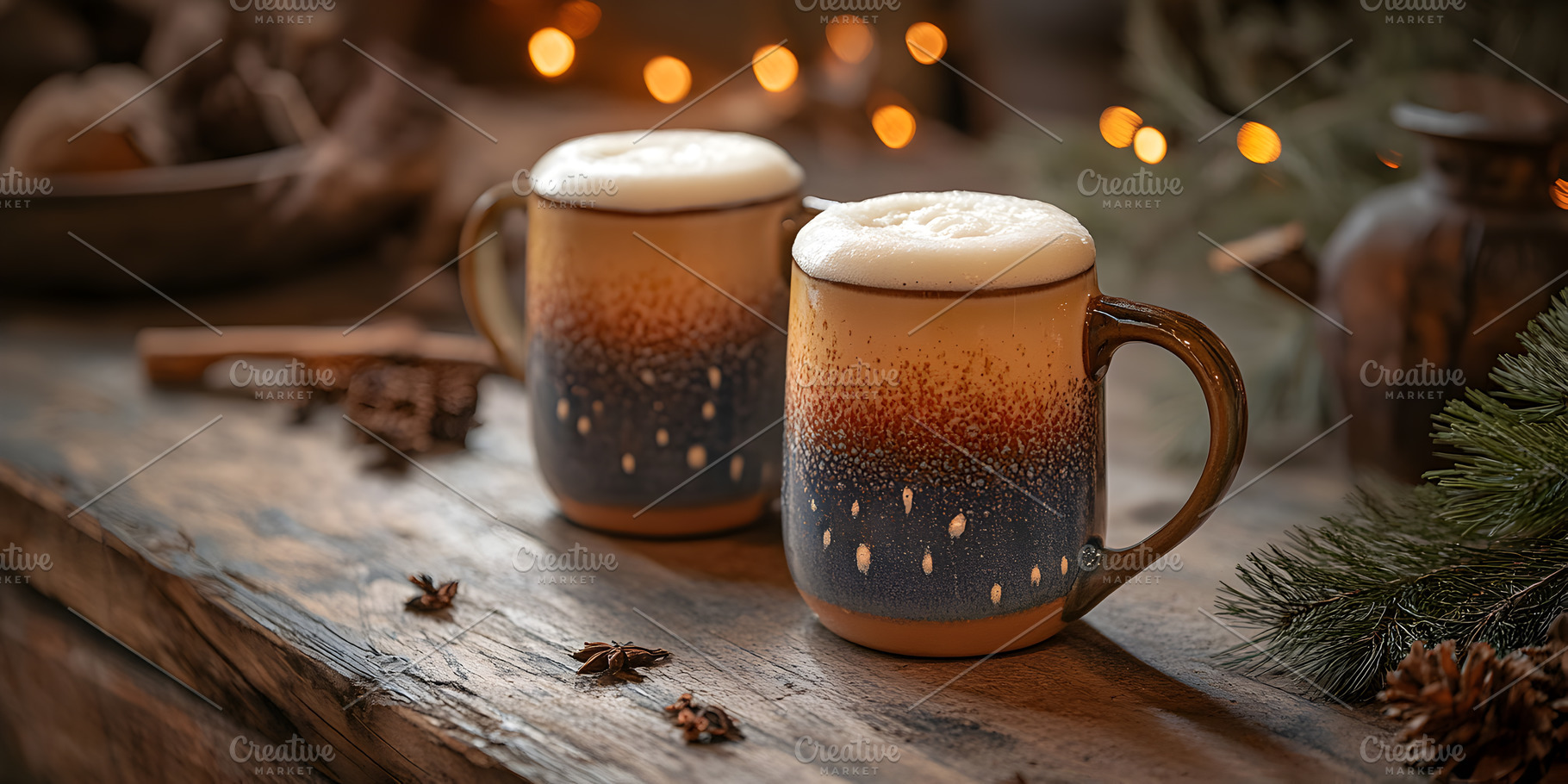 Frothy hot drinks in ceramic mugs on, a Food & Drink Photo by Photostock