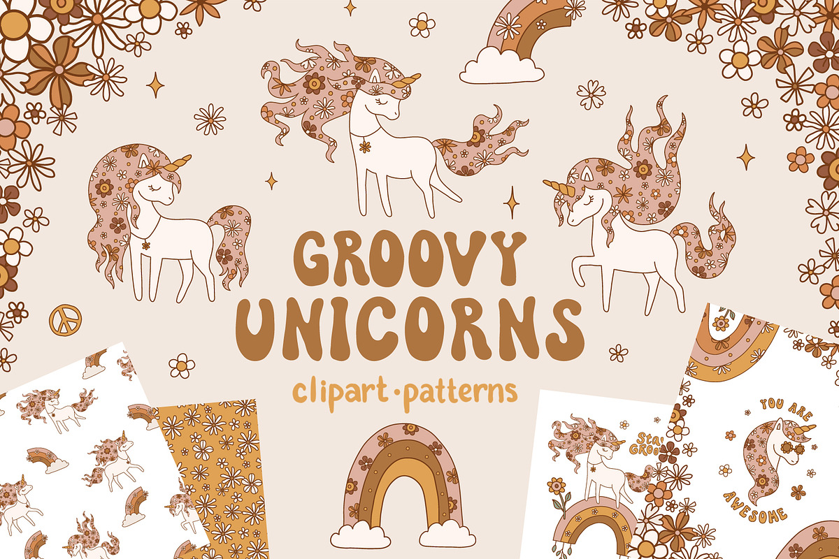 Groovy Unicorn Clipart & Patterns, an Object Illustration by NinaFedorova (Photo 1 of 8)
