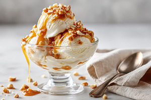 Vanilla ice cream with caramel and nuts, a Food & Drink Photo by AlyaAnd