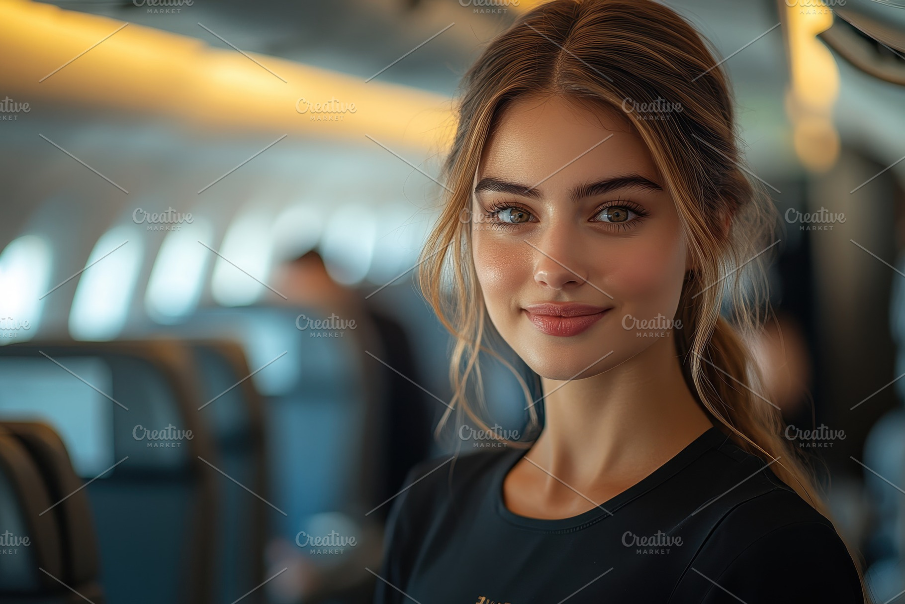 Friendly flight attendant smiling wa, a Photo by Tanuart
