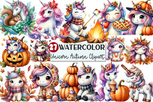 Watercolor Cute Unicorn Autumn Clipa, an Illustration by Rose Art