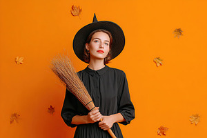 Woman holding broom in witch costume with autumn leaves on vibrant orange backg, a Person Photo by AlyaAnd