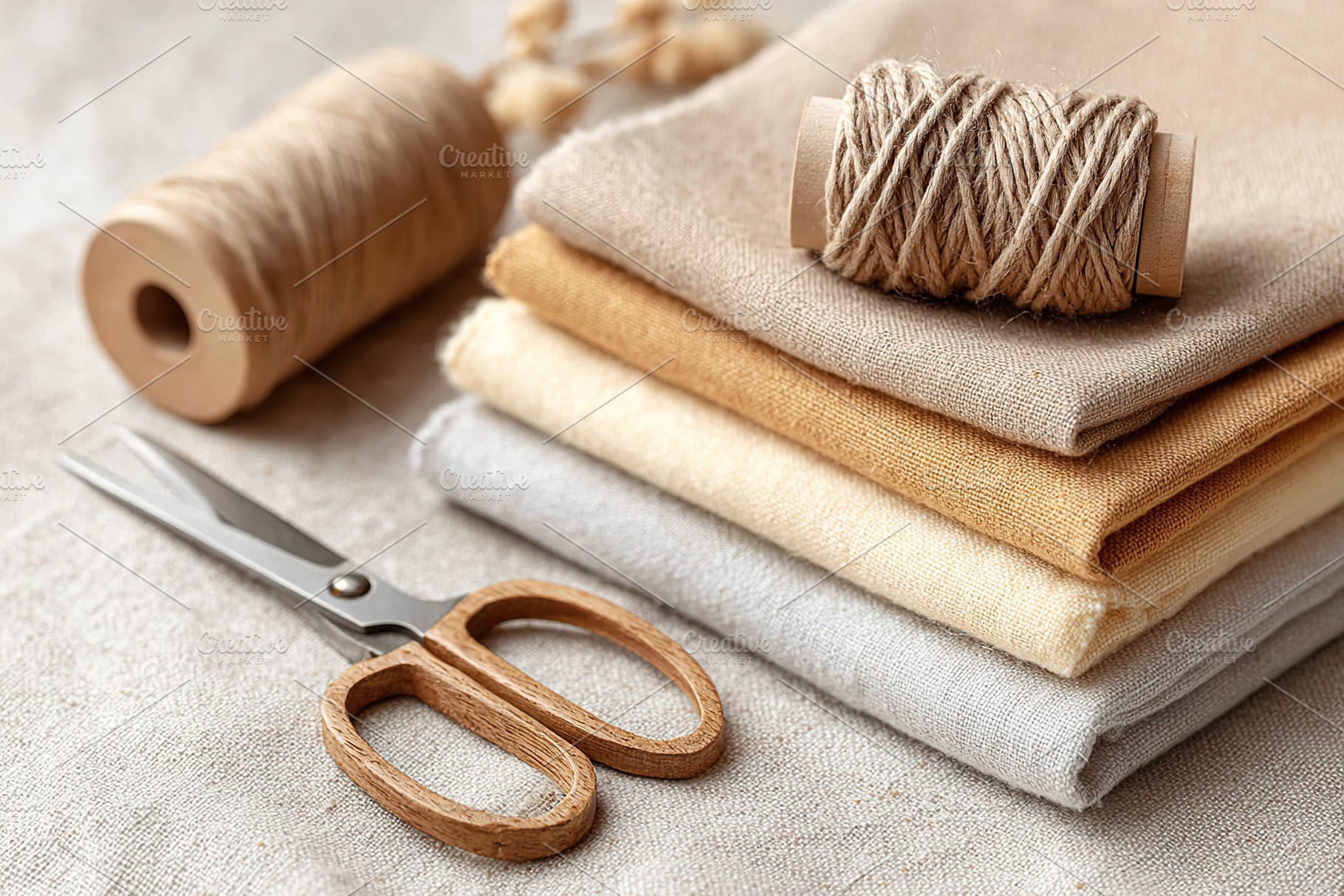 Neutral fabric flat lay with sewing supplies and wooden scissors for creative p, a Photo by AlyaAnd