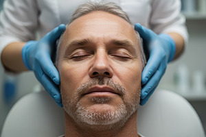 Adult man receiving facial treatment, a Photo by angellodeco