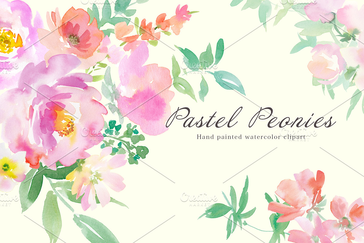 pastel peonies watercolor clipart, a Decorative Illustration by Sawango Designs (Photo 2 of 6)