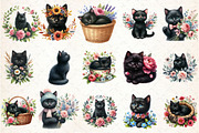 Watercolor Floral Black Cat Clipart, an Illustration by Rose Art (Thumbnail 2 of 8)