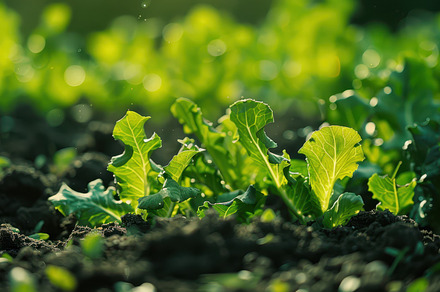 Close-up of young vegetable plants growing in rows in a field, with sunlight sh, a Nature Photo by Mashimara