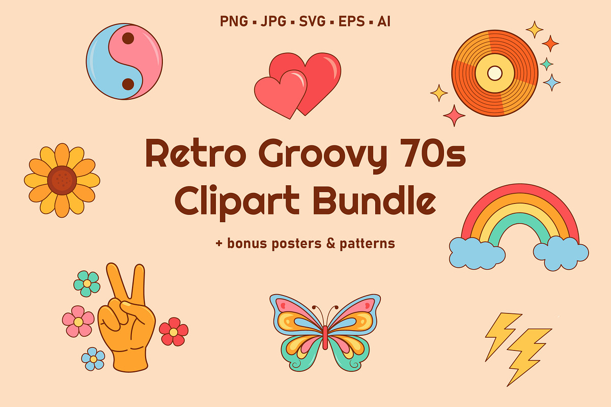 Retro Groovy 70s Clipart Bundle, a Decorative Illustration by JulyGart (Photo 1 of 5)