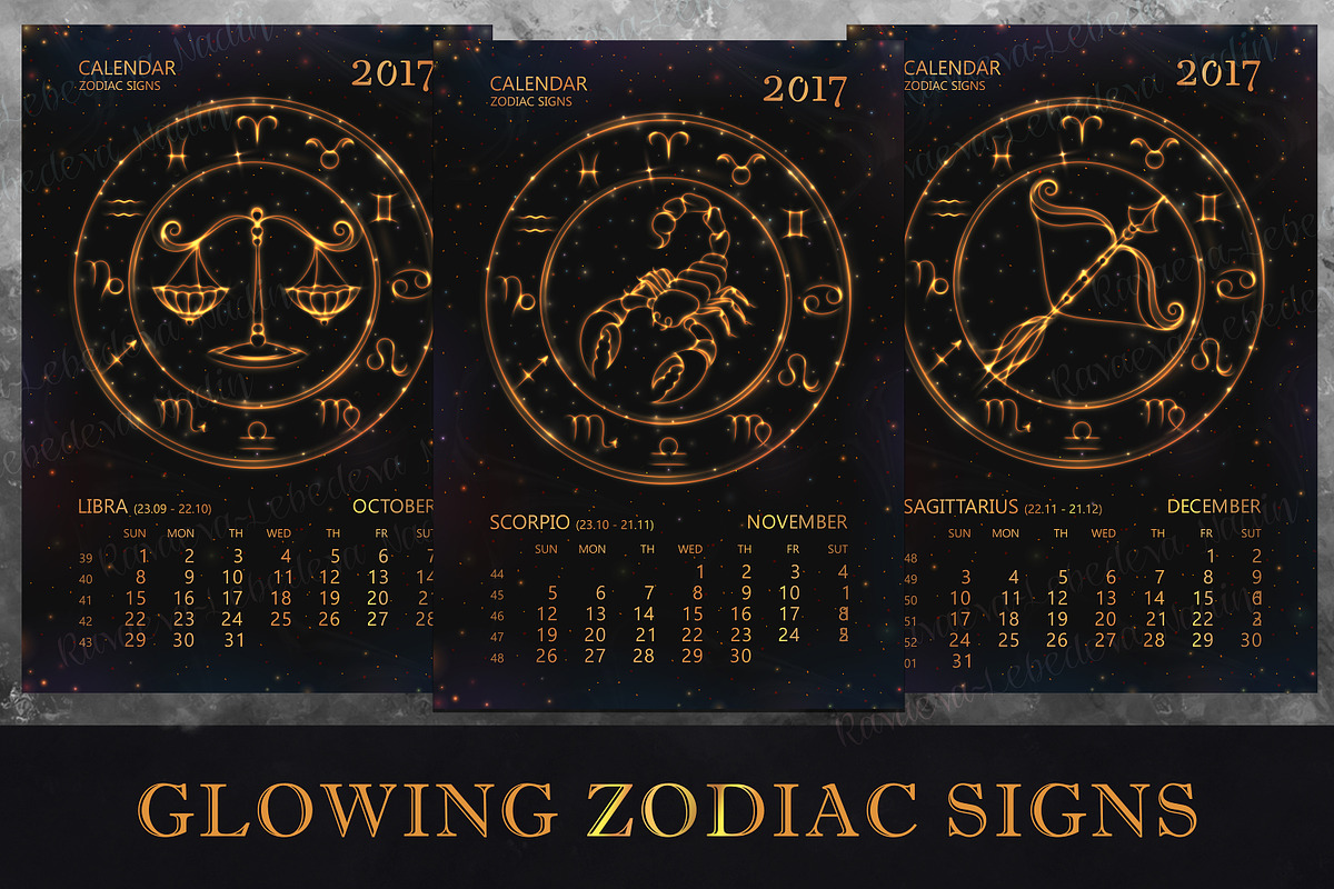 SET / 2017 CALENDAR / golden ZODIACS, an Animal Illustration by Nadin_Lebedeva (Photo 4 of 9)