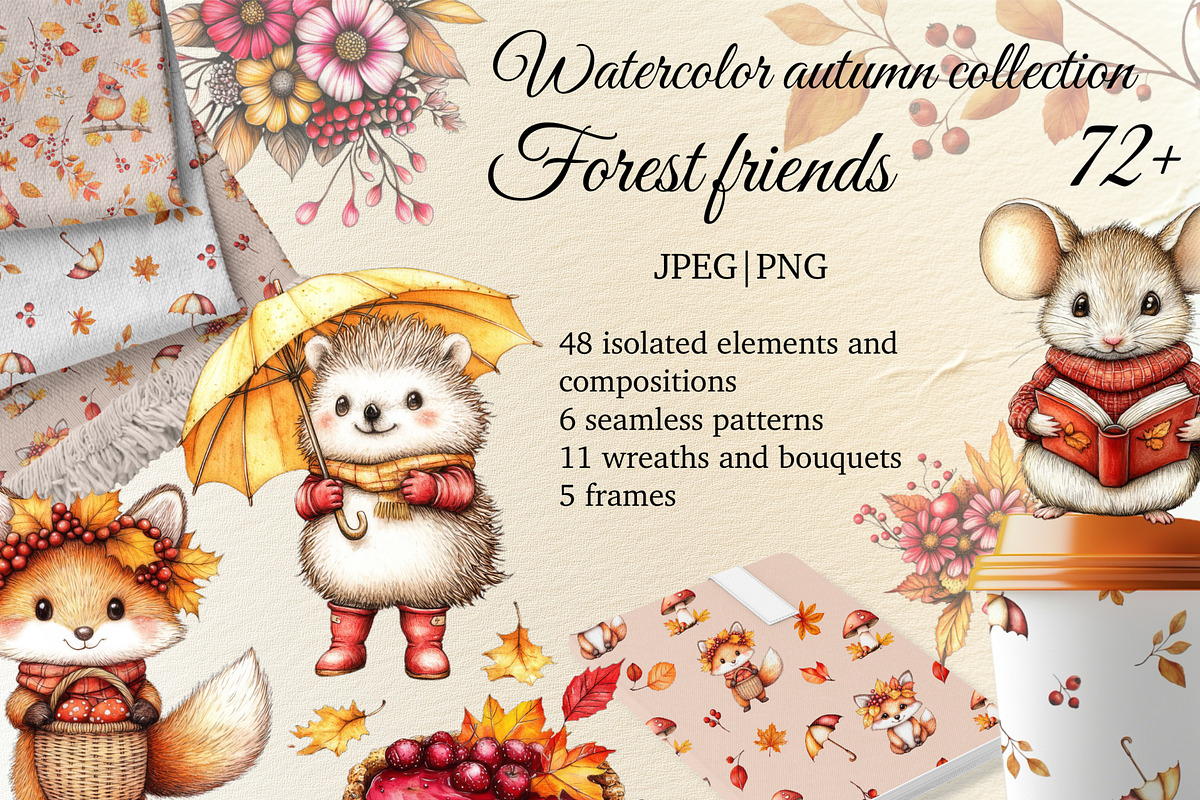 Watercolor Autumn animals set, a Seasonal Illustration by ZabolotnaArt (Photo 1 of 13)
