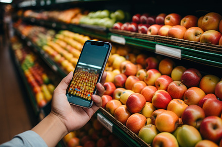 Hand holding smartphone and choosing apples on shelf in supermar, a Person Photo by AS photostudio