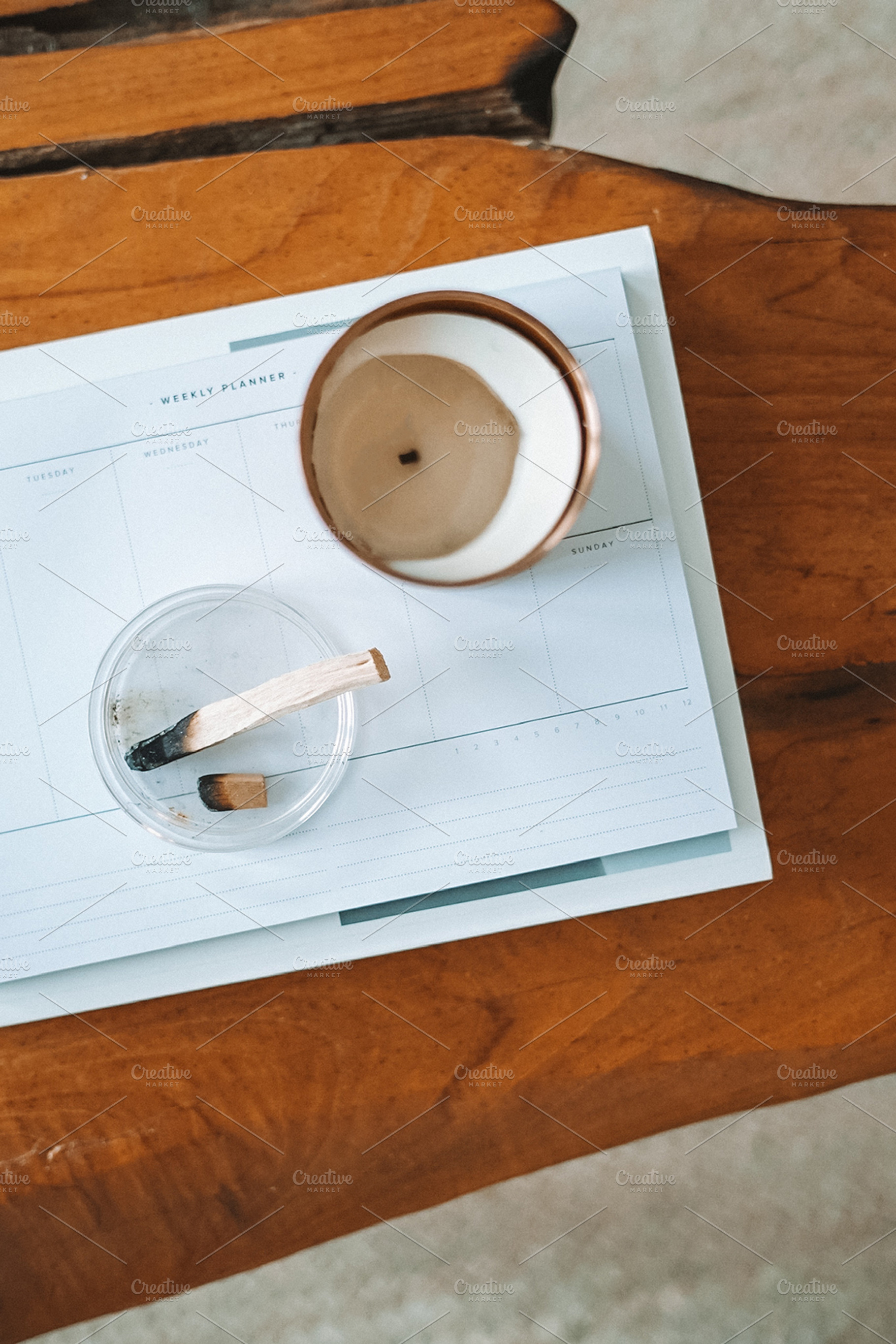 Candle and Palo Santo on Wood Table, an Architecture Photo by Marissa Cristina