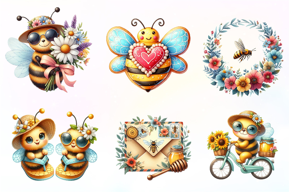 Cute Bee Summer Watercolor Clipart, an Illustration by CreationArt (Photo 4 of 9)