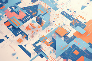 Abstract geometric shapes in blue and orange create a modern, digital art piece, a Background Graphic by Textures & Backgrounds