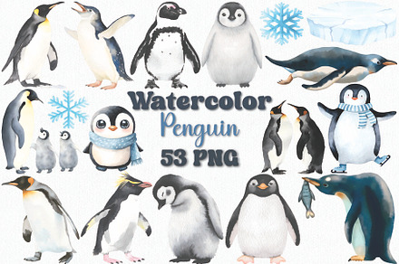 Watercolor Penguin Clipart Set