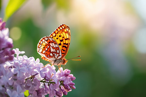 Butterfly resting on blossoming lilac in a vibrant garden setting during spring, a Nature Photo by AlyaAnd