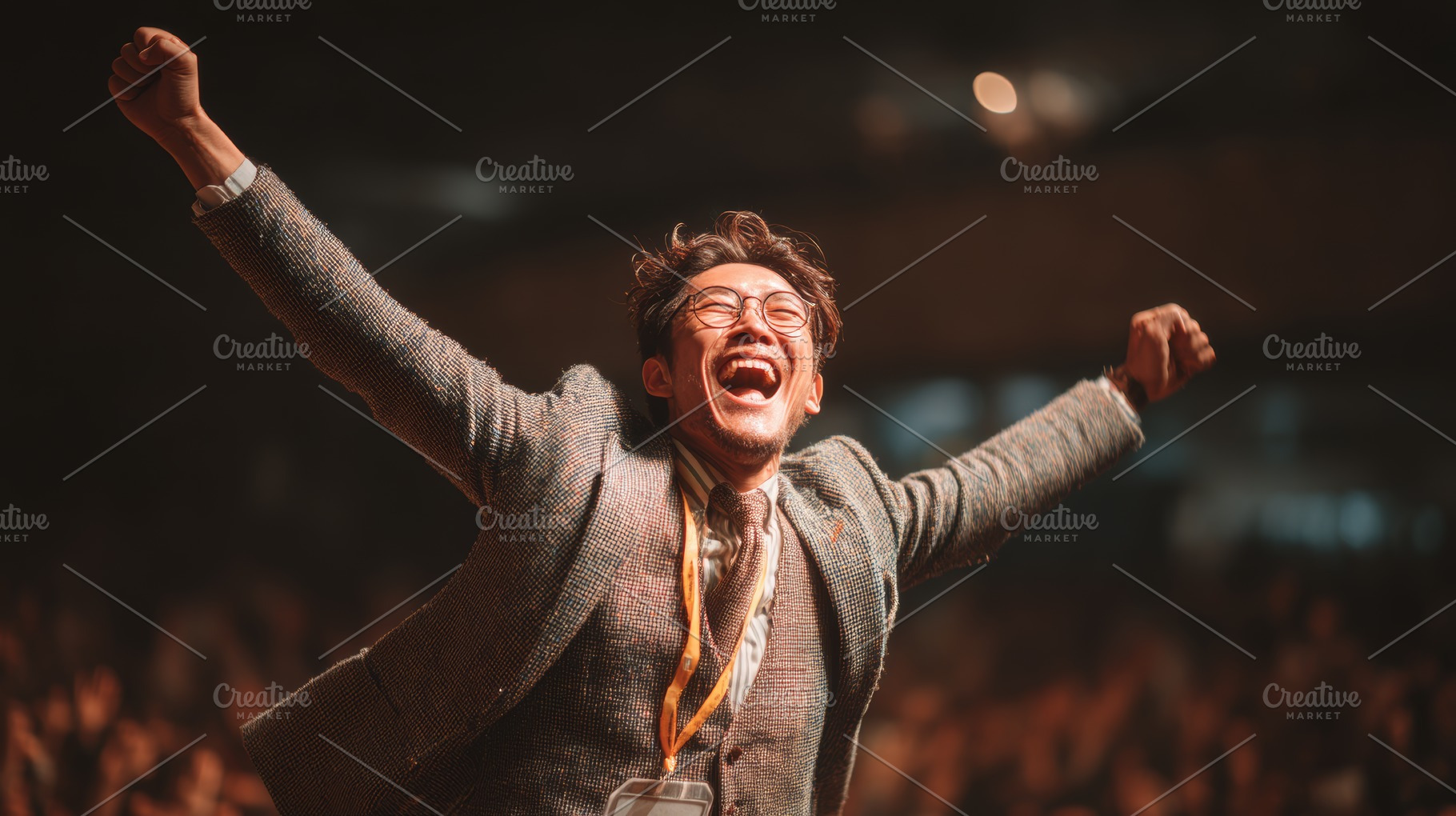Joyful asian man celebrating success at business event among a cheering crowd, a Business Photo by AS photostudio