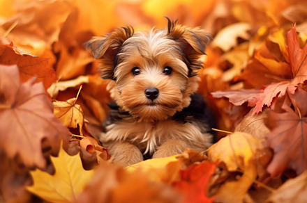 Cute dog in autumn leaves. Generative AI, an Animal Photo by AlyaAnd