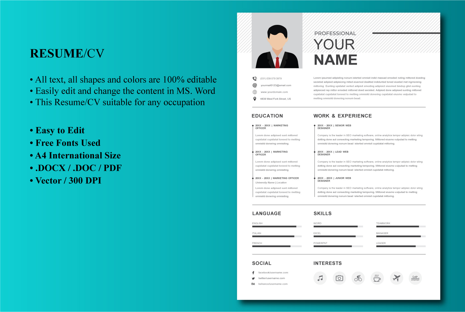 1 Pages Clean CV Template | Editable, a Resume Template by Blue Digital ...