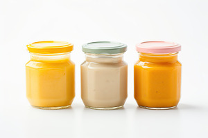 Three jars of baby food on white background, a Food & Drink Photo by AlyaAnd