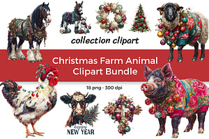 Christmas Farm Animal Clipart Bundle, an Animal Illustration by InkyQueenArt