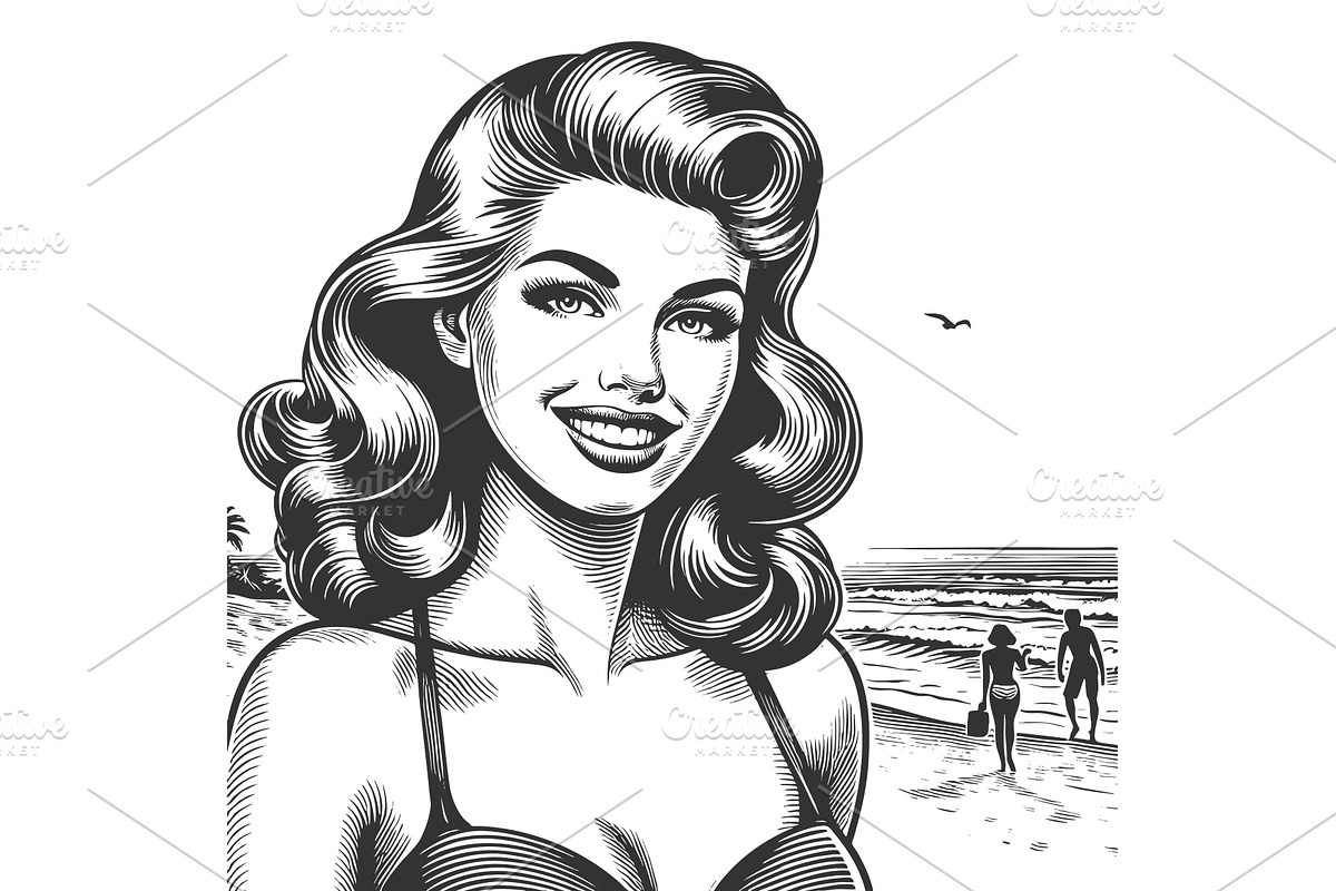 Smiling woman in bikini at the beach, a Person Illustration by AlexArt