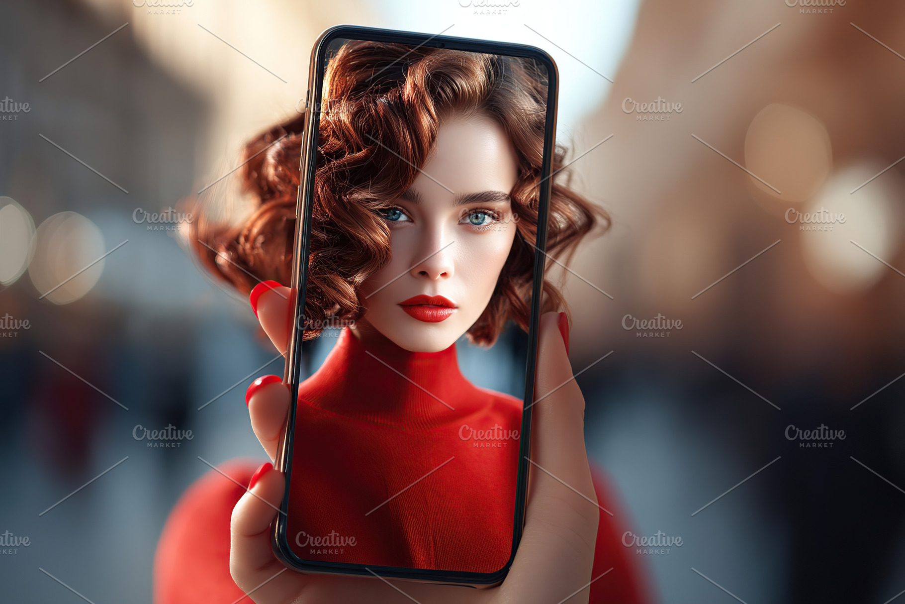 Woman with curly hair and red lipstick poses for smartphone picture outdoors in, a Beauty & Fashion Photo by AlyaAnd