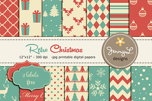Retro Christmas Digital Papers, a Pattern Graphic by JennyL Designs