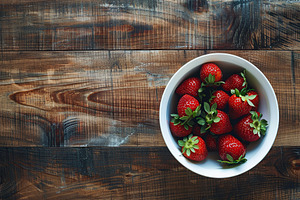 Flat lay of red strawberries in bowl on wooden table, a Food & Drink Photo by AlyaAnd