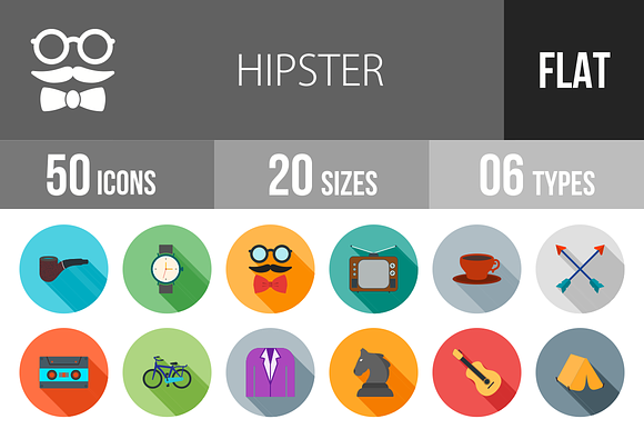 50 Hipster Flat Shadowed Icons