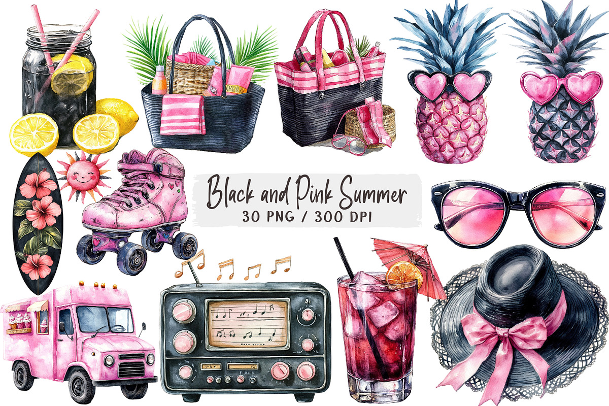 Black and Pink Summer Clipart, an Illustration by DreamArtGraphic (Photo 1 of 4)