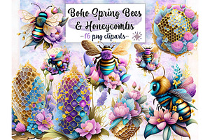 Boho Spring Bees & Honeycomb Clipart