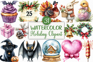 Watercolor Holiday Clipart Bundle, an Illustration by Craft Nest