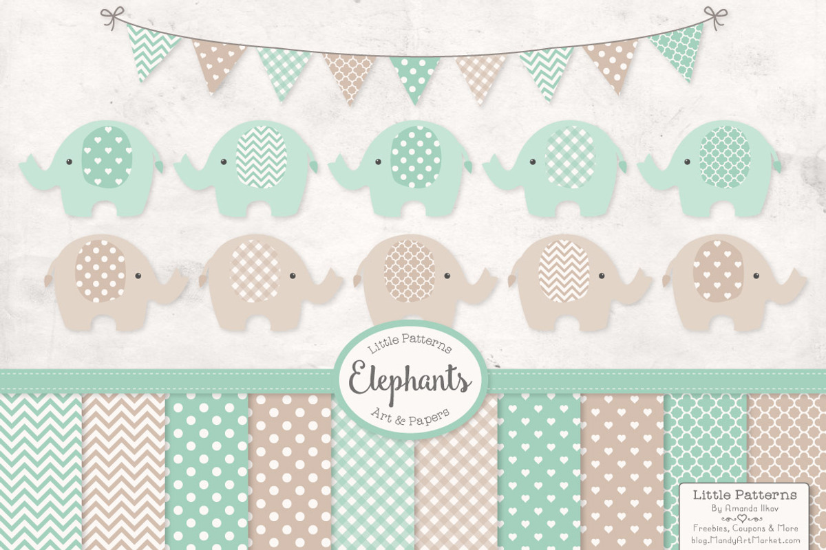 Mint Elephant Clipart & Patterns, an Illustration by Amanda Ilkov (Photo 1 of 3)