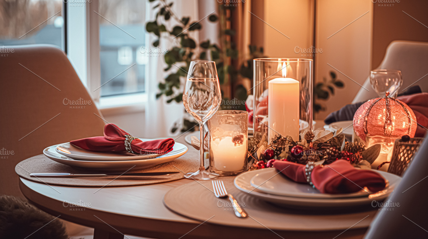 Festive date night tablescape idea, dinner table setting for two, a Holiday Photo by Anneleven