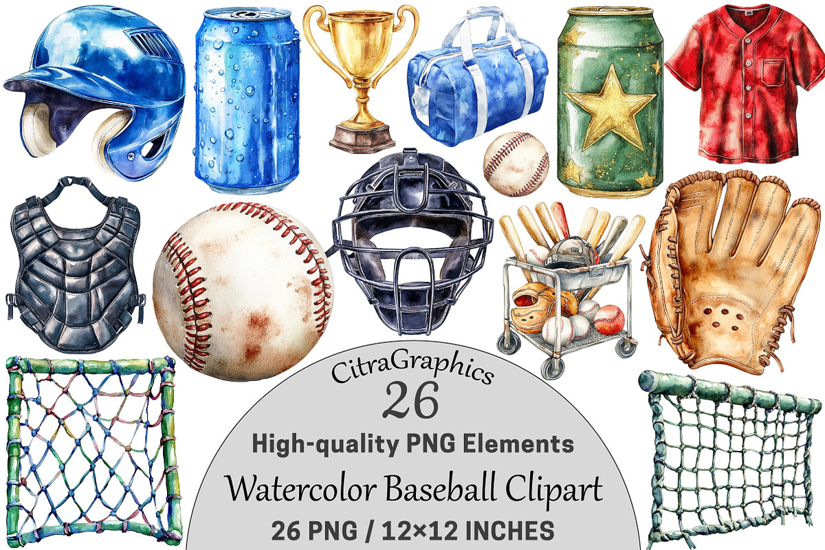 Watercolor Baseball Clipart, a Seasonal Illustration by CitraGraphics (Photo 1 of 4)
