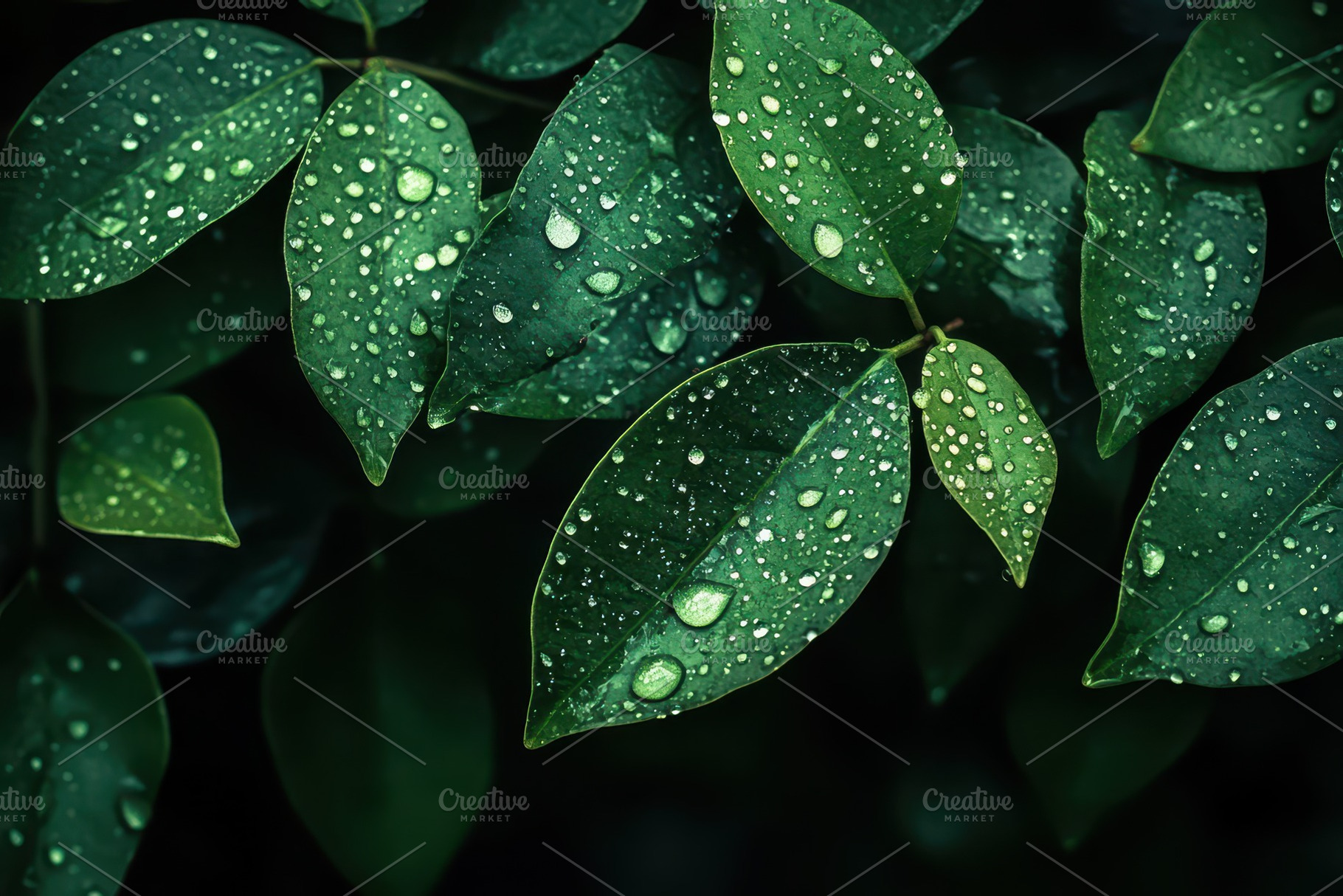 Raindrops glimmer on dark green, a Photo by Pavel_design