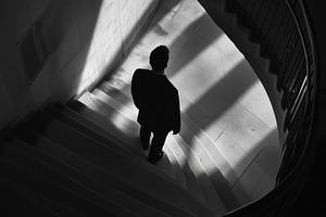 Man in a suit descends curved stairs, a Person Photo by MistyDay