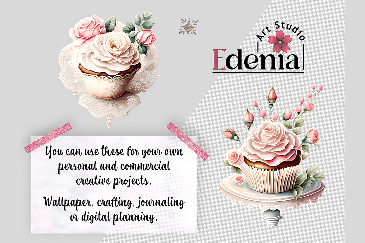 Vintage Romantic Cupcakes Cliparts, a Food Illustration by EdeniaArtStudio (Photo 2 of 5)