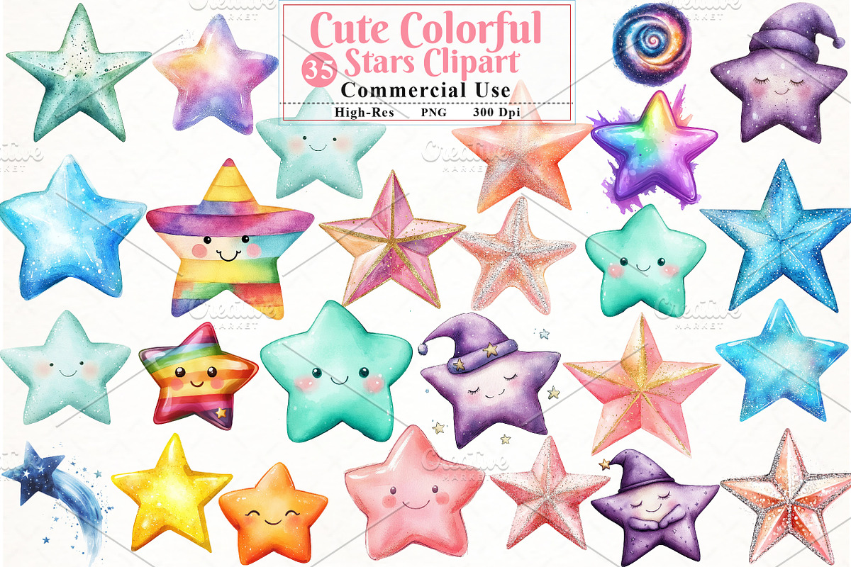 Cute Colorful Watercolor Stars png, an Illustration by Watercolor design (Photo 1 of 12)