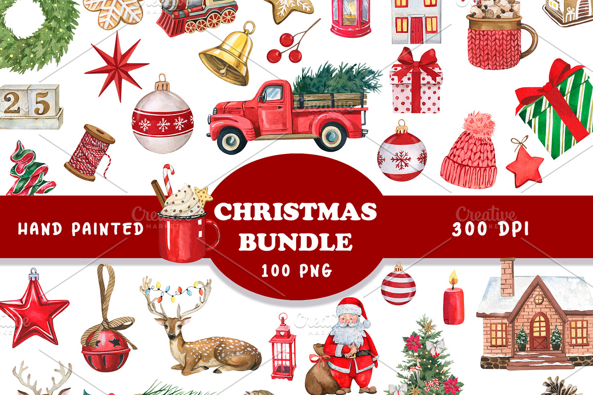 Watercolor CHRISTMAS BUNDLE 100 PNG, a Seasonal Illustration by PatternPalette (Photo 1 of 5)