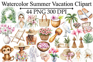 Watercolor Summer Vacation Clip Art, an Illustration by Design Market